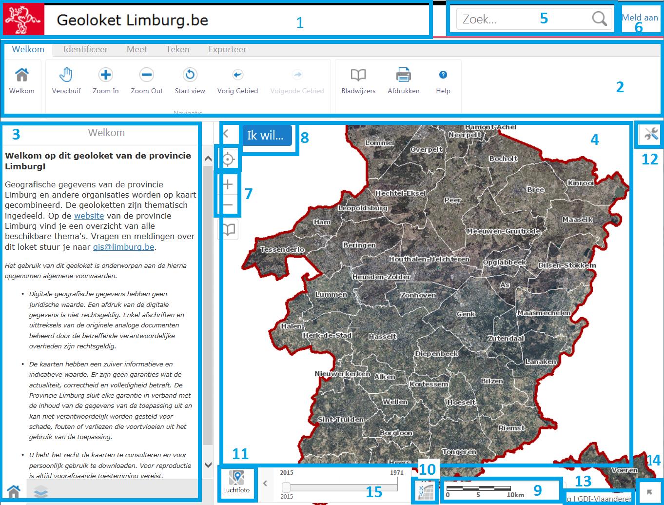 Startscherm Geoloket Atlas der buurtwegen Desktop als voorbeeld om de diverse onderdelen van het loket uit te leggen: - 1 : Titelbalk met logo van de provincie + naam van het geoloket - 2: Werkbalk