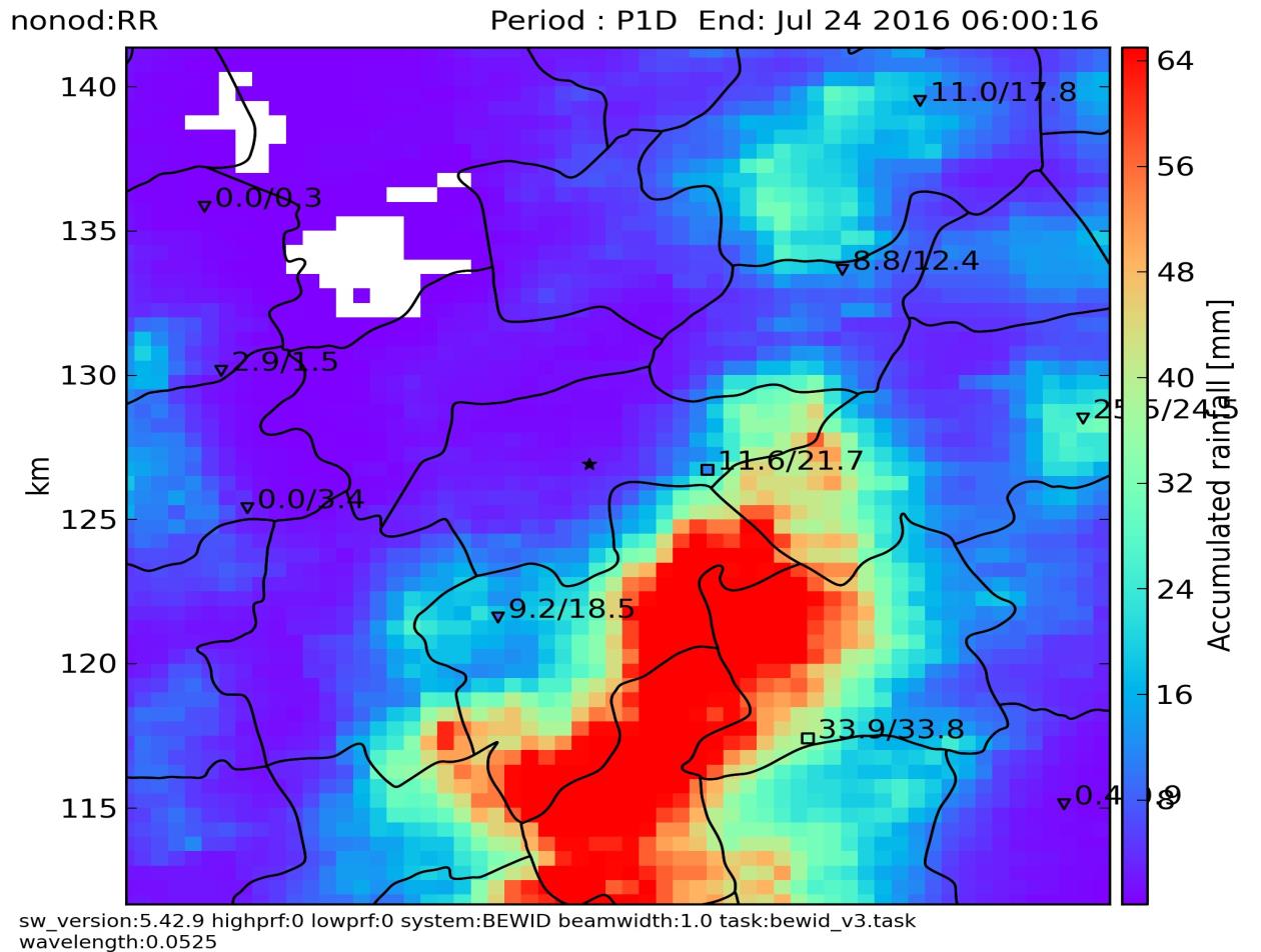 Tessenderlo Beringen Figuur 2: neerslaghoeveelheden tussen 08h op datum van 23 juli en 08h de volgende dag van de radar van Wideumont. Het radarbeeld is gecentreerd op de gemeente Tessenderlo.