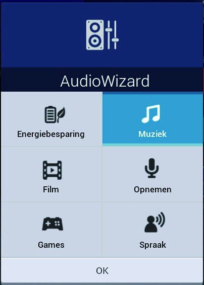 AudioWizard Met AudioWizard kunt u de geluidsmodi van uw ASUS tablet aanpassen voor een zuiverdere audio-uitvoer die past bij de huidige gebruiksscenario's.