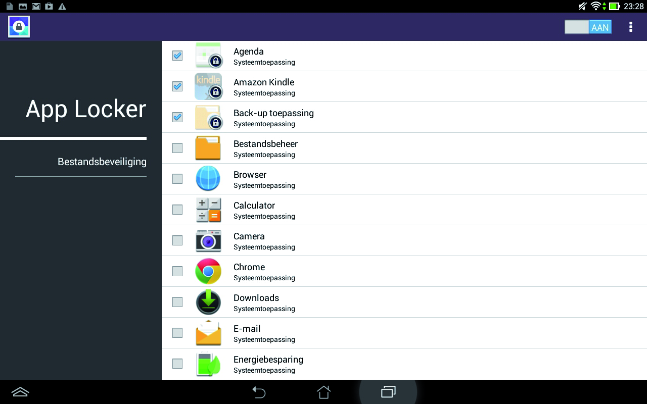 Het scherm App Locker Tik hierop om de instellingen van App Locker te configureren. Verplaats de schuifregelaar naar rechts om de App Locker in te schakelen en de app-lijst te activeren.