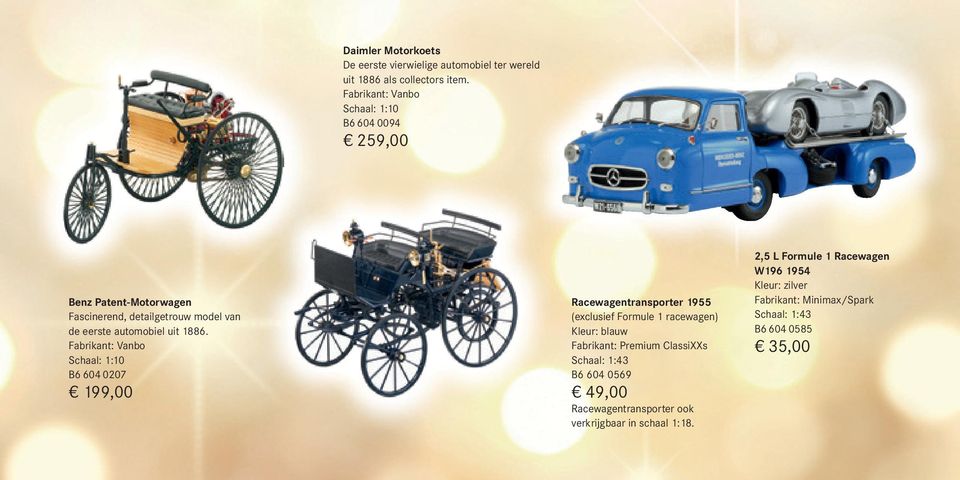 Fabrikant: Vanbo Schaal: 1:10 B6 604 0207 199,00 Racewagentransporter 1955 (exclusief Formule 1 racewagen) Kleur: blauw Fabrikant: Premium