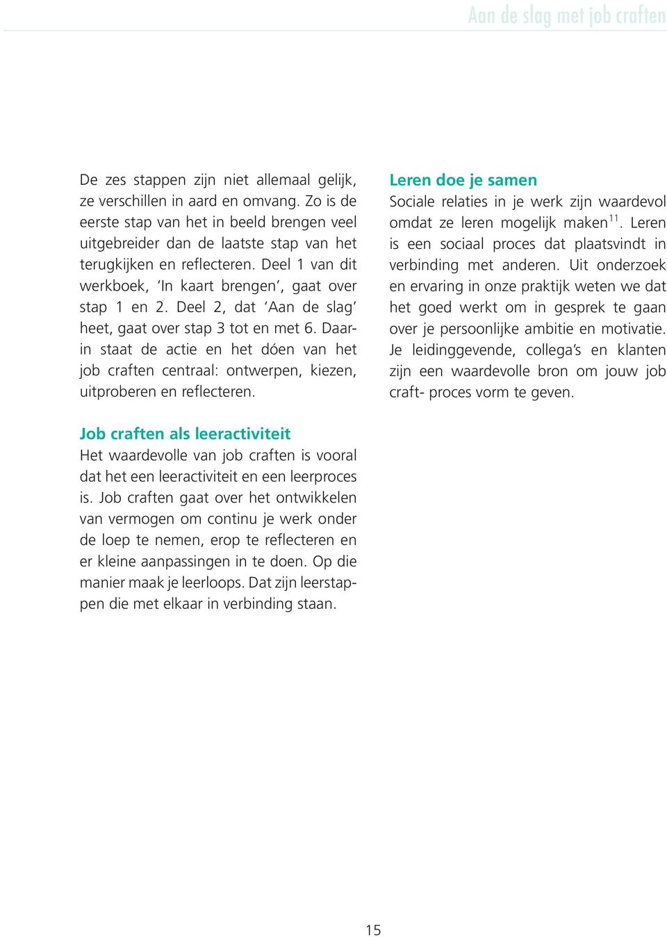 Deel 2, dat Aan de slag heet, gaat over stap 3 tot en met 6. Daarin staat de actie en het dóen van het job craften centraal: ontwerpen, kiezen, uitproberen en reflecteren.