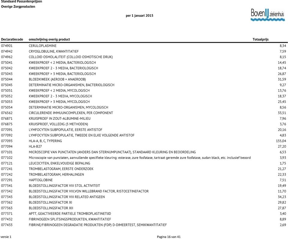 KWEEKPROEF < 2 MEDIA, MYCOLOGISCH 13,76 075052 KWEEKPROEF 2-3 MEDIA, MYCOLOGISCH 18,37 075053 KWEEKPROEF > 3 MEDIA, MYCOLOGISCH 25,45 075054 DETERMINATIE MICRO-ORGANISMEN, MYCOLOGISCH 8,56 076562