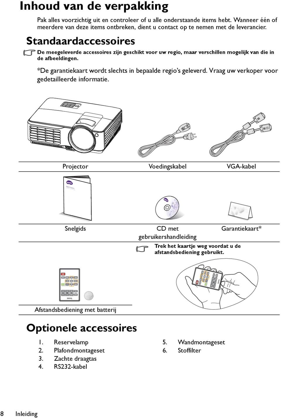 Standaardaccessoires De meegeleverde accessoires zijn geschikt voor uw regio, maar verschillen mogelijk van die in de afbeeldingen. *De garantiekaart wordt slechts in bepaalde regio s geleverd.