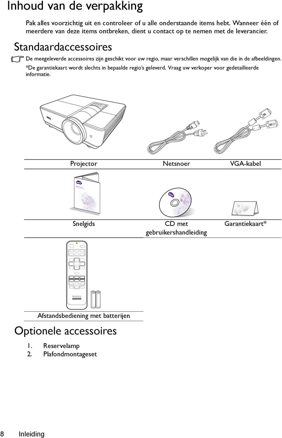 Standaardaccessoires De meegeleverde accessoires zijn geschikt voor uw regio, maar verschillen mogelijk van die in de afbeeldingen.