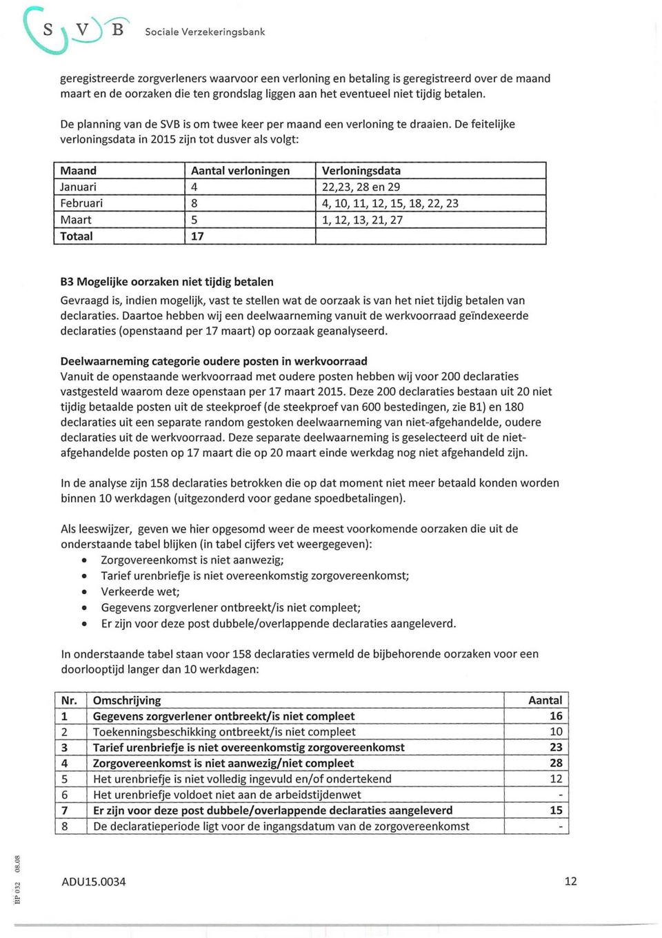 De feitelijke verloningsdata in 2015 zijn tot dusver als volgt: Maand Aantal verloningen Verloningsdata Januari 4 22,23, 28 en 29 Februari 8 4, 10, 11, 12, 15, 18, 22, 23 Maart 5 1, 12, 13, 21, 27