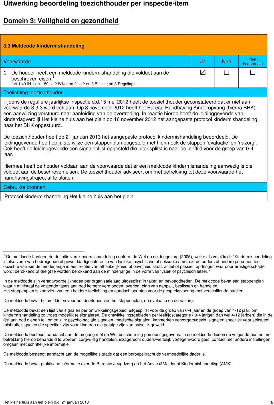 50 lid 2 WKo; art 2 lid 2 en 3 Besluit; art 3 Regeling) Toelichting toezichthouder Niet beoordeeld Tijdens de reguliere jaarlijkse inspectie d.d.15 mei 2012 heeft de toezichthouder geconstateerd dat er niet aan voorwaarde 3.