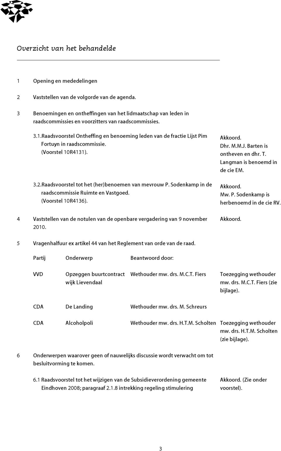 Raadsvoorstel Ontheffing en benoeming leden van de fractie Lijst Pim Fortuyn in raadscommissie. (Voorstel 10R4131). 3.2.Raadsvoorstel tot het (her)benoemen van mevrouw P.