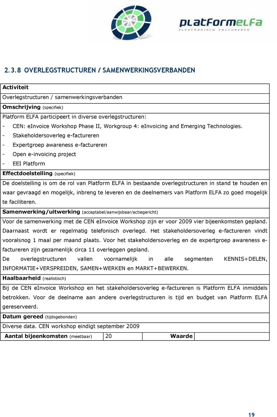 - Stakeholdersoverleg e-factureren - Expertgroep awareness e-factureren - Open e-invoicing project - EEI Platform Effectdoelstelling (specifiek) De doelstelling is om de rol van Platform ELFA in