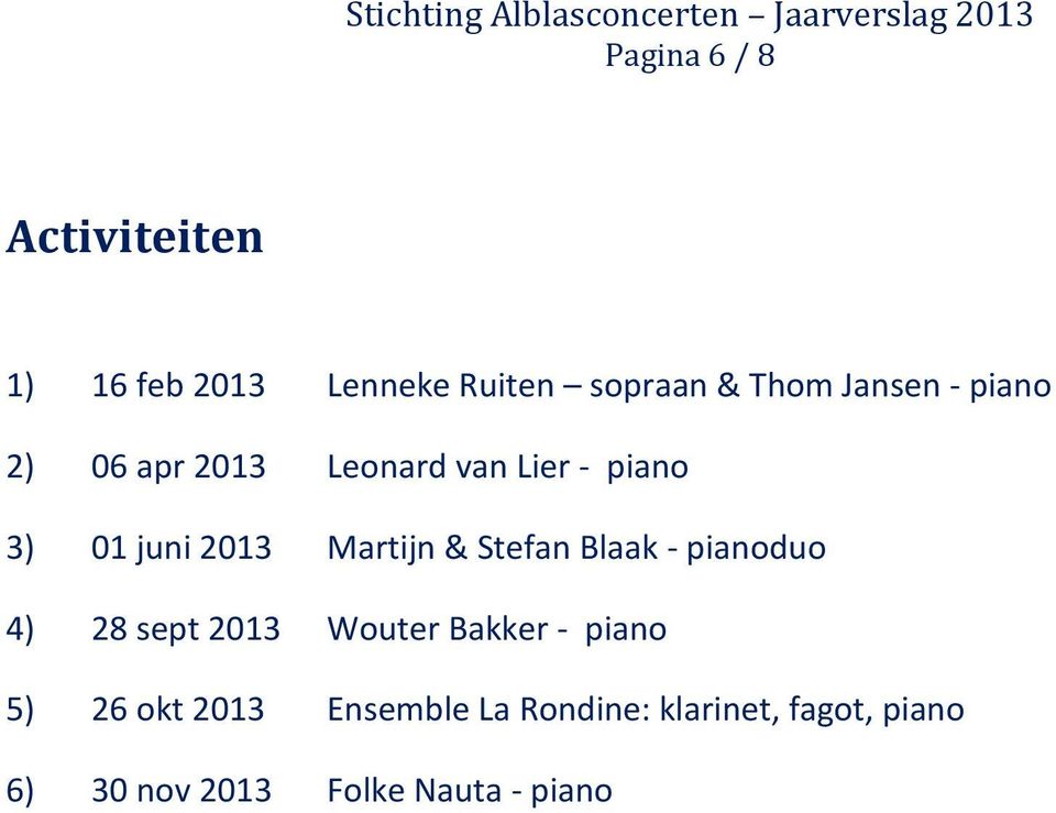 Martijn & Stefan Blaak - pianoduo 4) 28 sept 2013 Wouter Bakker - piano 5)