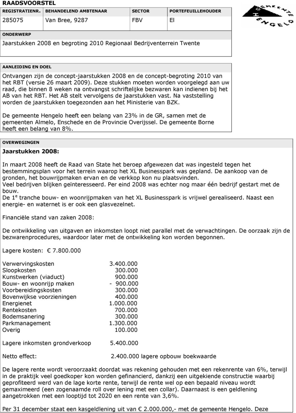 concept-jaarstukken 2008 en de concept-begroting 2010 van het RBT (versie 26 maart 2009).