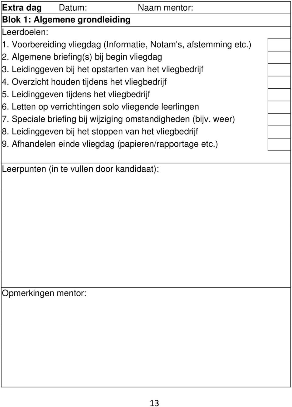 Leidinggeven tijdens het vliegbedrijf 6. Letten op verrichtingen solo vliegende leerlingen 7. Speciale briefing bij wijziging omstandigheden (bijv.