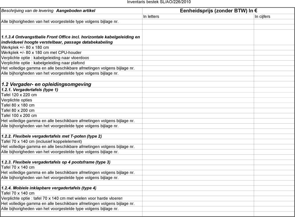 vloerdoos Verplichte optie : kabelgeleiding naar plafond 1.2 Vergader- en opleidingsomgeving 1.2.1. Vergadertafels (type 1) Tafel 120 x 220 cm Verplichte opties Tafel 80 x 180 cm Tafel 80 x 200 cm Tafel 100 x 200 cm 1.