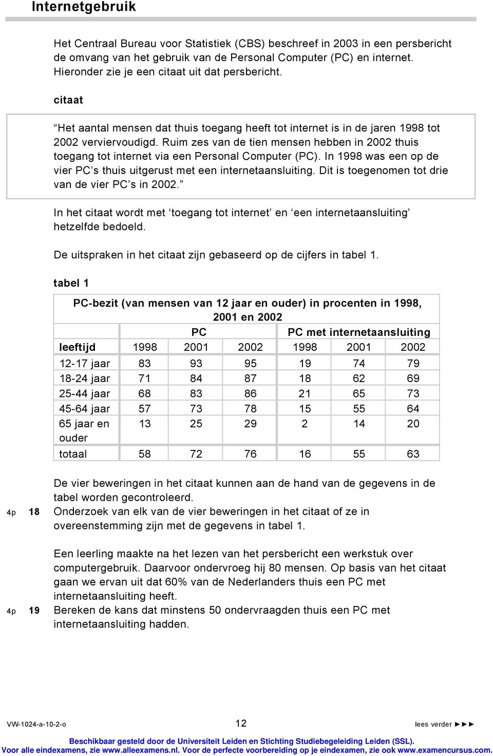 Ruim zes van de tien mensen hebben in 2002 thuis toegang tot internet via een Personal Computer (PC). In 1998 was een op de vier PC s thuis uitgerust met een internetaansluiting.