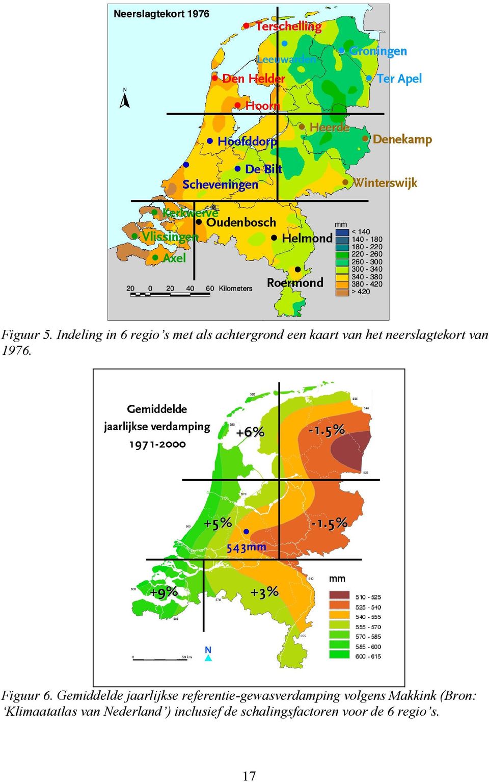 Indeling in 6 regio s met als achtergrond een kaart van het neerslagtekort van 1976. Gemiddelde jaarlijkse verdamping 1971-2000 +6% -1.