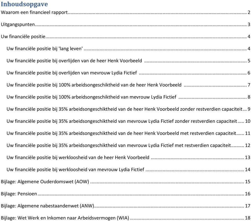 .. 6 Uw financiële positie bij 100% arbeidsongeschiktheid van de heer Henk Voorbeeld... 7 Uw financiële positie bij 100% arbeidsongeschiktheid van mevrouw Lydia Fictief.