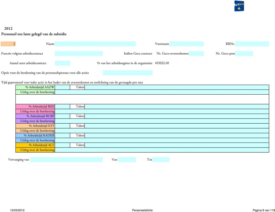 acties Tijd gepresteerd voor ieder actie in het kader van de overeenkomst en toelichting van de gevraagde pro rata % Arbeidstijd AAZW %