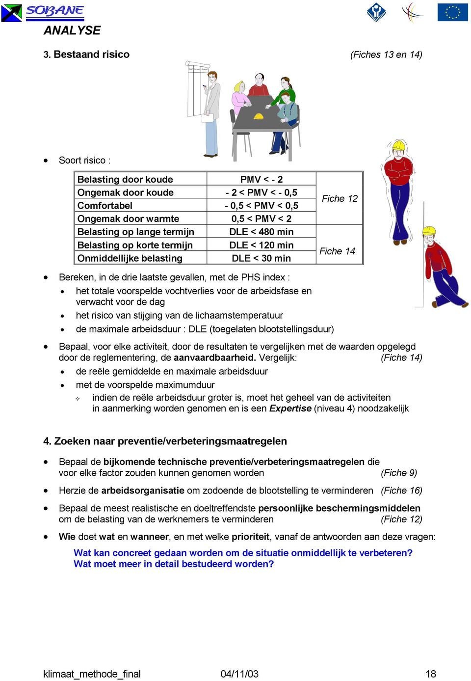 voorspelde vochtverlies voor de arbeidsfase en verwacht voor de dag het risico van stijging van de lichaamstemperatuur de maximale arbeidsduur : DLE (toegelaten blootstellingsduur) Bepaal, voor elke