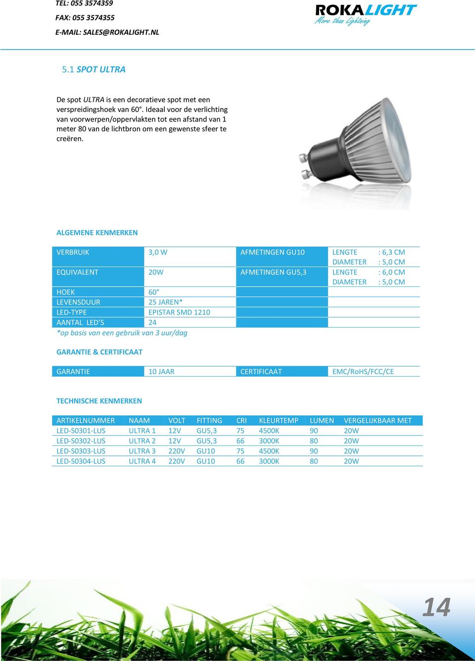 VERBRUIK 3,0 W AFMETINGEN GU10 LENGTE EQUIVALENT 20W AFMETINGEN GU5,3 LENGTE HOEK 60 LED-TYPE EPISTAR SMD 1210 AANTAL LED S 24 : 6,3 CM : 6,0 CM ARTIKELNUMMER