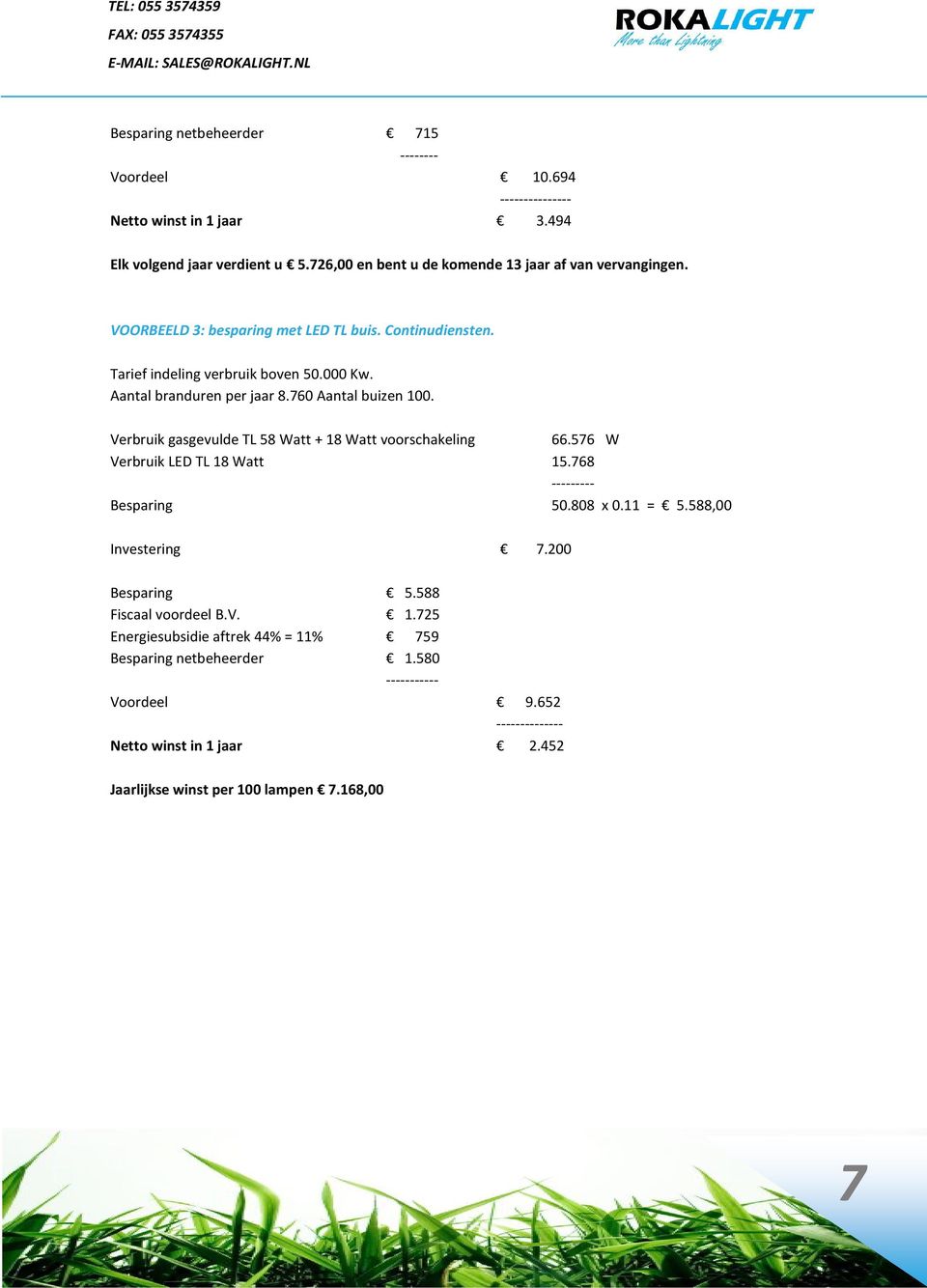 Aantal branduren per jaar 8.760 Aantal buizen 100. Verbruik gasgevulde TL 58 Watt + 18 Watt voorschakeling 66.576 W Verbruik LED TL 18 Watt 15.768 --------- Besparing 50.808 x 0.