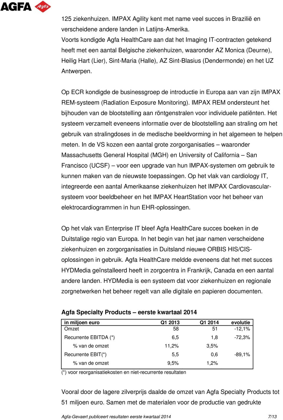 Sint-Blasius (Dendermonde) en het UZ Antwerpen. Op ECR kondigde de businessgroep de introductie in Europa aan van zijn IMPAX REM-systeem (Radiation Exposure Monitoring).