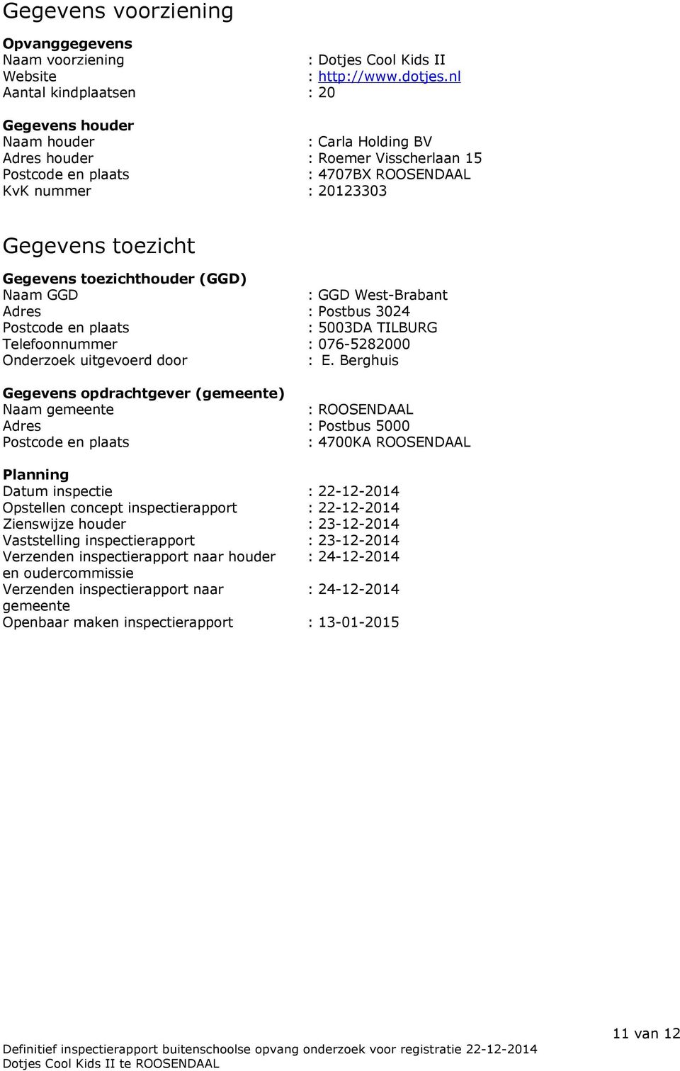 Gegevens toezichthouder (GGD) Naam GGD : GGD West-Brabant Adres : Postbus 3024 Postcode en plaats : 5003DA TILBURG Telefoonnummer : 076-5282000 Onderzoek uitgevoerd door : E.