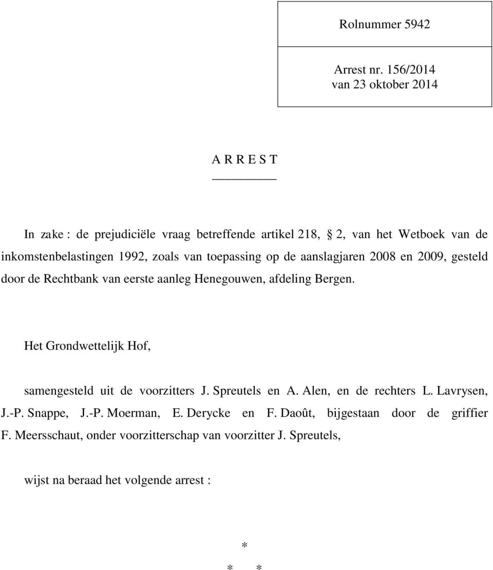 zoals van toepassing op de aanslagjaren 2008 en 2009, gesteld door de Rechtbank van eerste aanleg Henegouwen, afdeling Bergen.