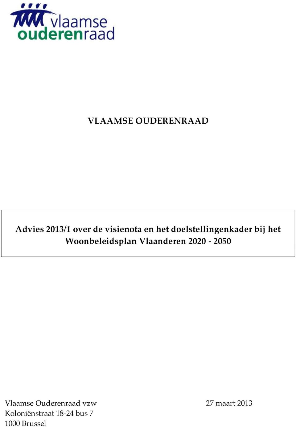 Woonbeleidsplan Vlaanderen 2020-2050 Vlaamse