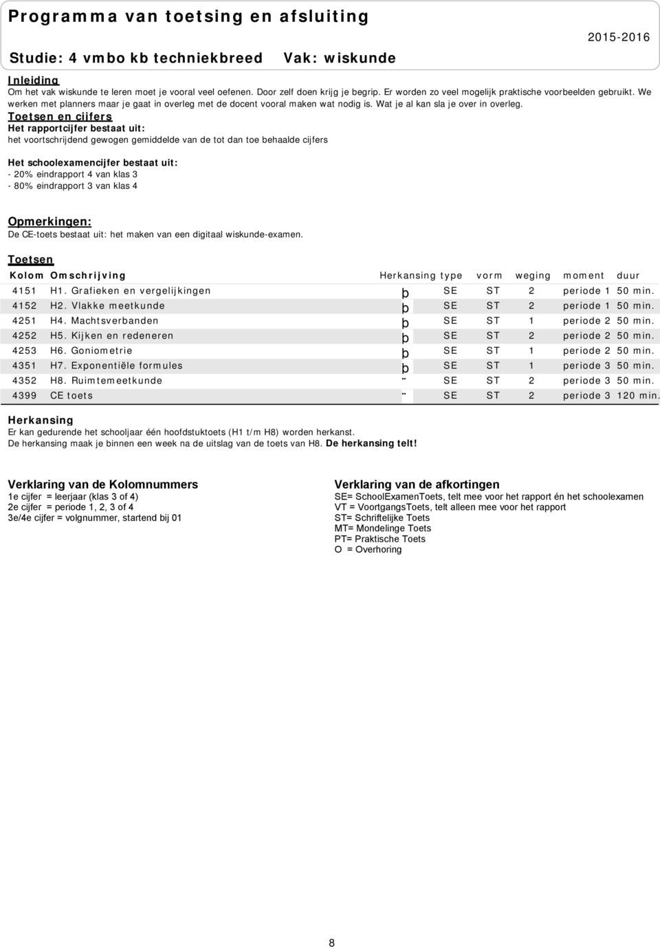 en cijfers het voortschrijdend gewogen gemiddelde van de tot dan toe behaalde cijfers - 20% eindrapport 4 van klas 3-80% eindrapport 3 van klas 4 Opmerkingen: De CE-toets bestaat uit: het maken van