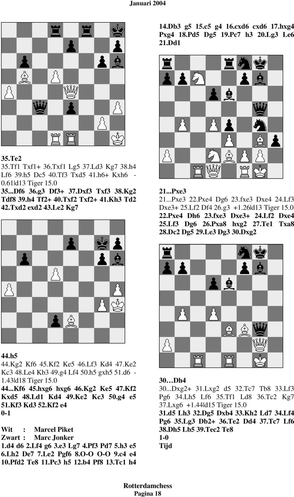 0 22.Pxe4 Dh6 23.fxe3 Dxe3+ 24.Lf2 Dxe4 25.Lf3 Dg6 26.Pxa8 hxg2 27.Te1 Txa8 28.Dc2 Dg5 29.Le3 Dg3 30.Dxg2 44.h5 44.Kg2 Kf6 45.Kf2 Ke5 46.Lf3 Kd4 47.Ke2 Kc3 48.Le4 Kb3 49.g4 Lf4 50.h5 gxh5 51.d6-1.