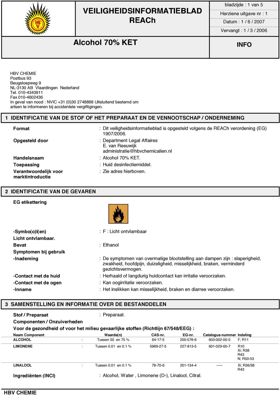 1 IDENTIFICATIE VAN DE STOF OF HET PREPARAAT EN DE VENNOOTSCHAP / ONDERNEMING Format Opgesteld door Handelsnaam Toepassing Verantwoordelijk voor marktintroductie : Dit veiligheidsinformatieblad is