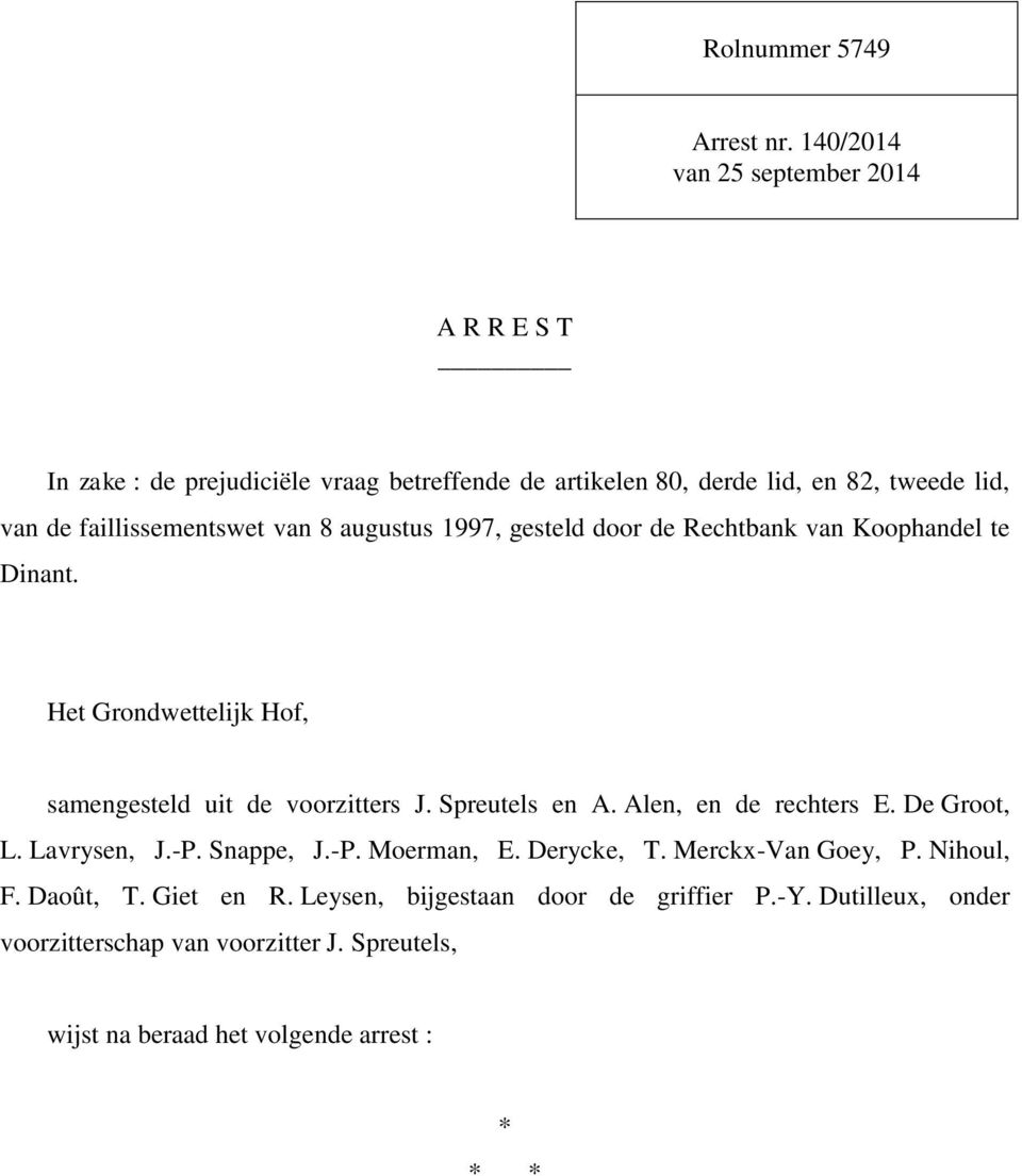 faillissementswet van 8 augustus 1997, gesteld door de Rechtbank van Koophandel te Dinant. Het Grondwettelijk Hof, samengesteld uit de voorzitters J.