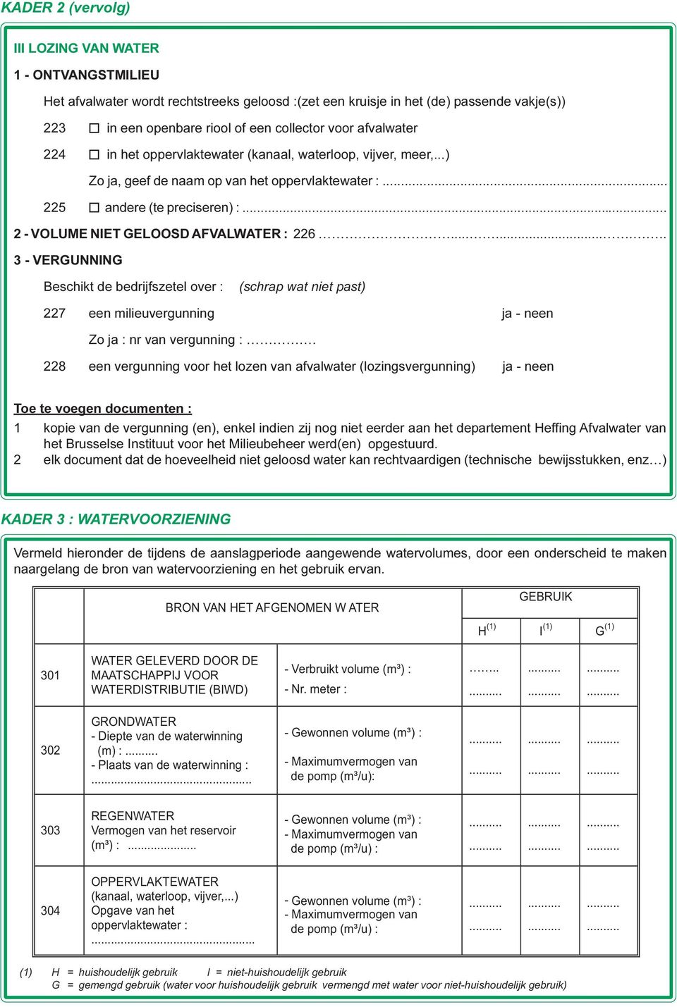 .. 2 - VOLUME NIET GELOOSD AFVALWATER : 226......... 3 - VERGUNNING Beschikt de bedrijfszetel over : (schrap wat niet past) 227 een milieuvergunning Zo ja : nr van vergunning :.