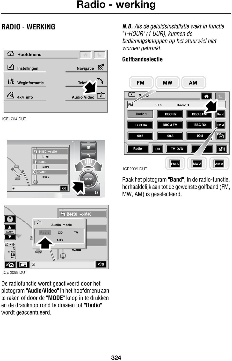 Golfbandselectie Weginformatie Telefoon MW AM 4x4 info Audio Video 97.9 1 ICE1764 DUT 1 A 1.