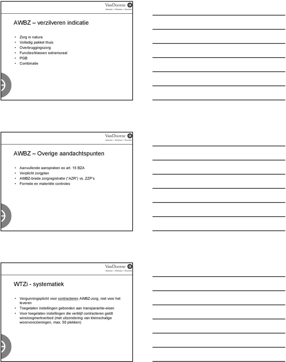 ZZP s Formele en materiële controles WTZi - systematiek Vergunningsplicht voor contracteren AWBZ-zorg, niet voor het leveren instellingen