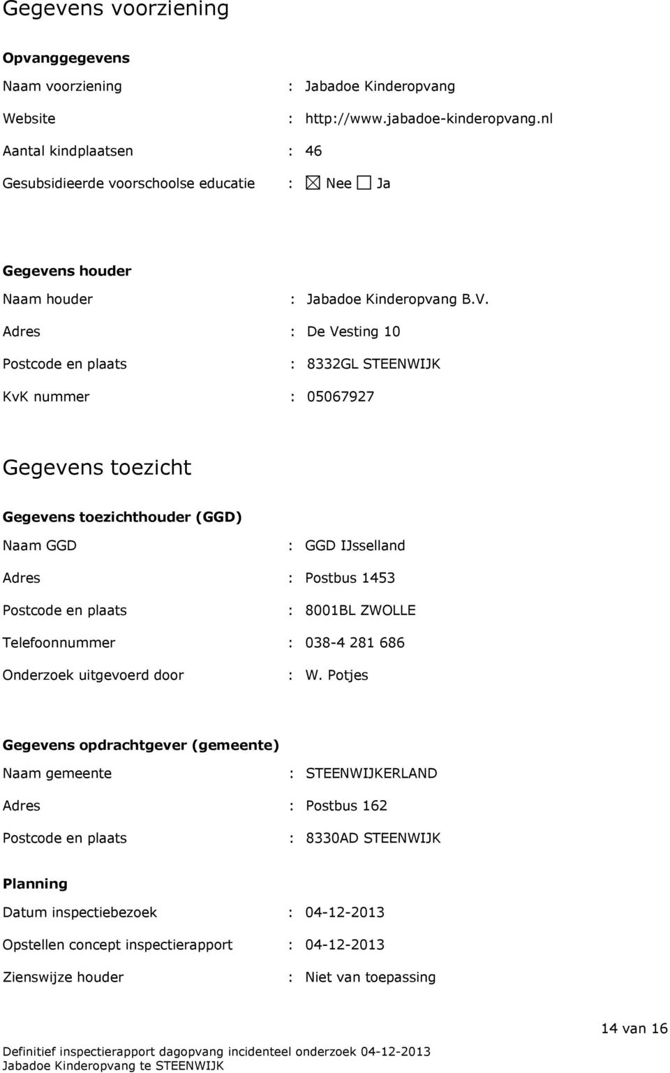 Adres : De Vesting 10 Postcode en plaats : 8332GL STEENWIJK KvK nummer : 05067927 Gegevens toezicht Gegevens toezichthouder (GGD) Naam GGD : GGD IJsselland Adres : Postbus 1453 Postcode en plaats :
