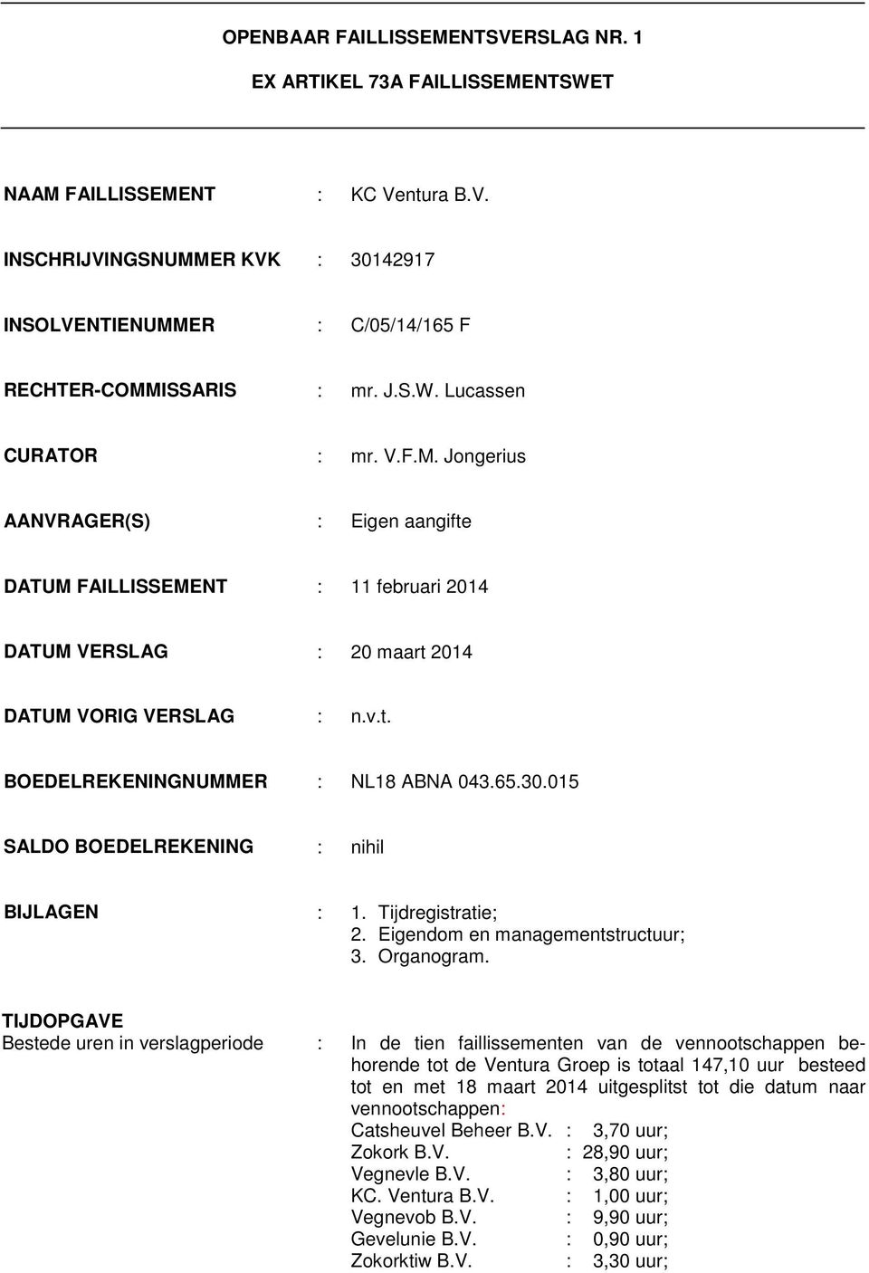 Jongerius AANVRAGER(S) : Eigen aangifte DATUM FAILLISSEMENT : 11 februari 2014 DATUM VERSLAG : 20 maart 2014 DATUM VORIG VERSLAG : BOEDELREKENINGNUMMER : NL18 ABNA 043.65.30.