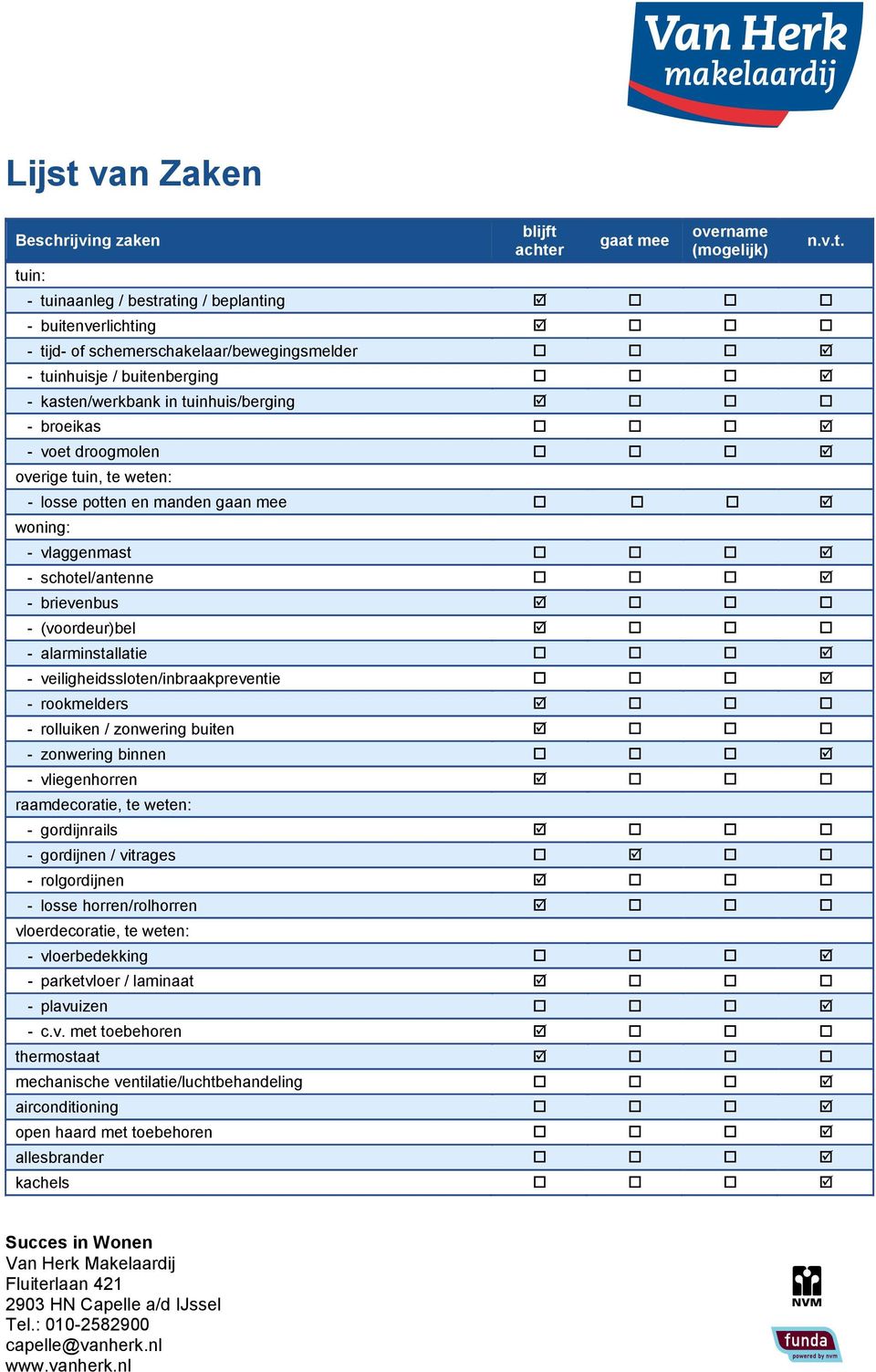 brievenbus - (voordeur)bel - alarminstallatie - veiligheidssloten/inbraakpreventie - rookmelders - rolluiken / zonwering buiten - zonwering binnen - vliegenhorren raamdecoratie, te weten: -