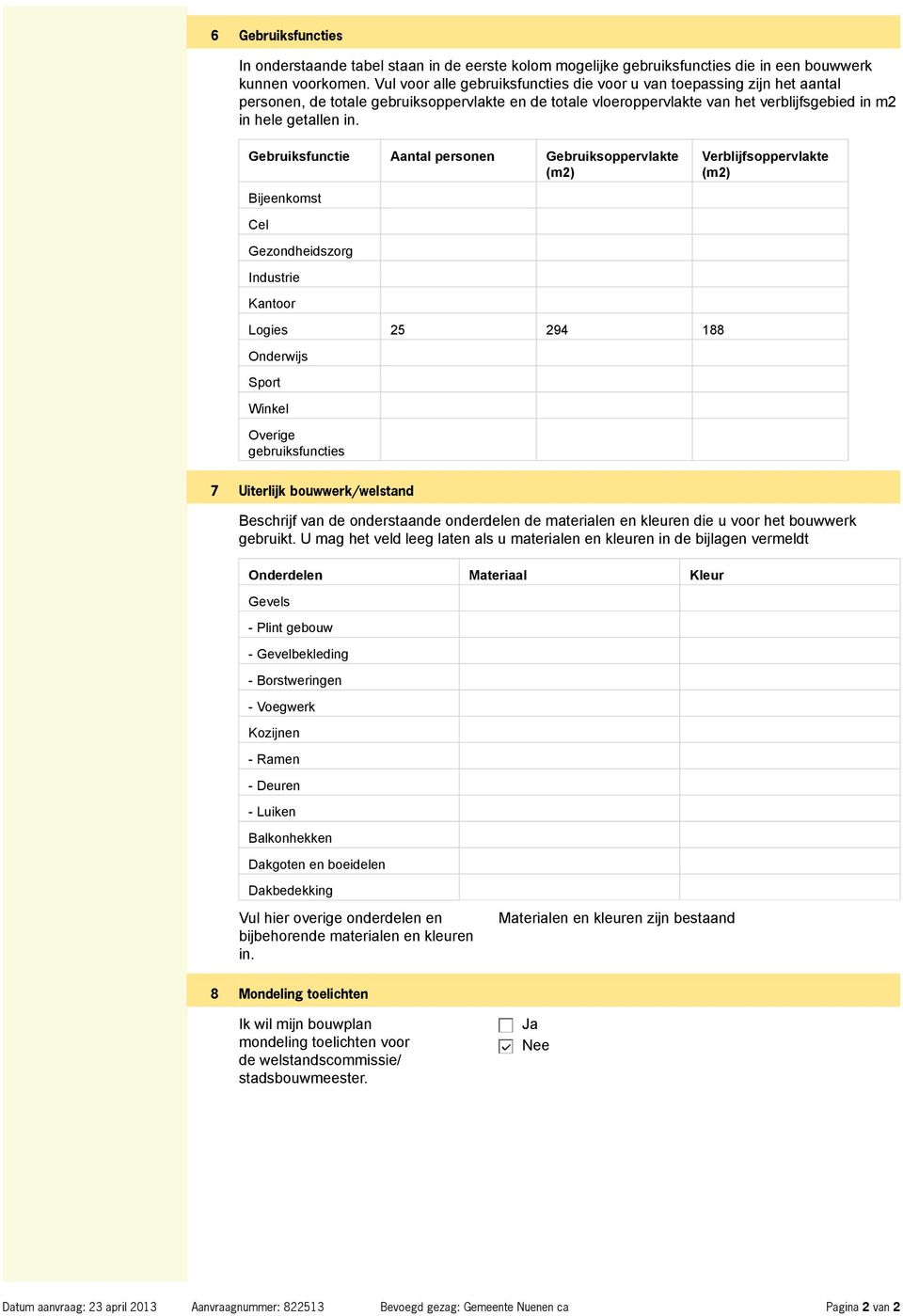 Gebruiksfunctie Aantal personen Gebruiksoppervlakte (m2) Bijeenkomst Cel Gezondheidszorg Industrie Kantoor Logies 25 294 188 Onderwijs Sport Winkel Overige gebruiksfuncties Verblijfsoppervlakte (m2)