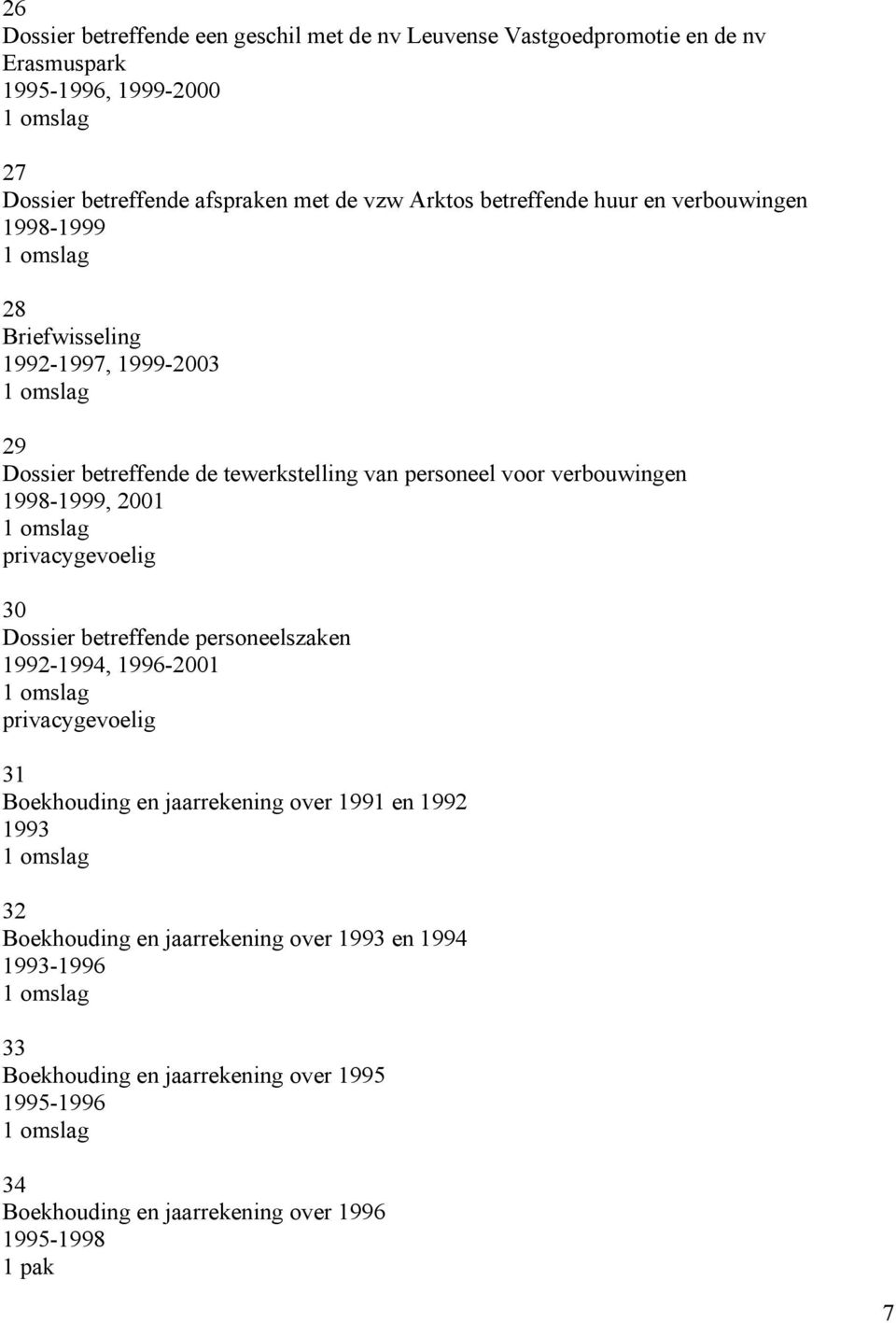 1998-1999, 2001 privacygevoelig 30 Dossier betreffende personeelszaken 1992-1994, 1996-2001 privacygevoelig 31 Boekhouding en jaarrekening over 1991 en 1992 1993