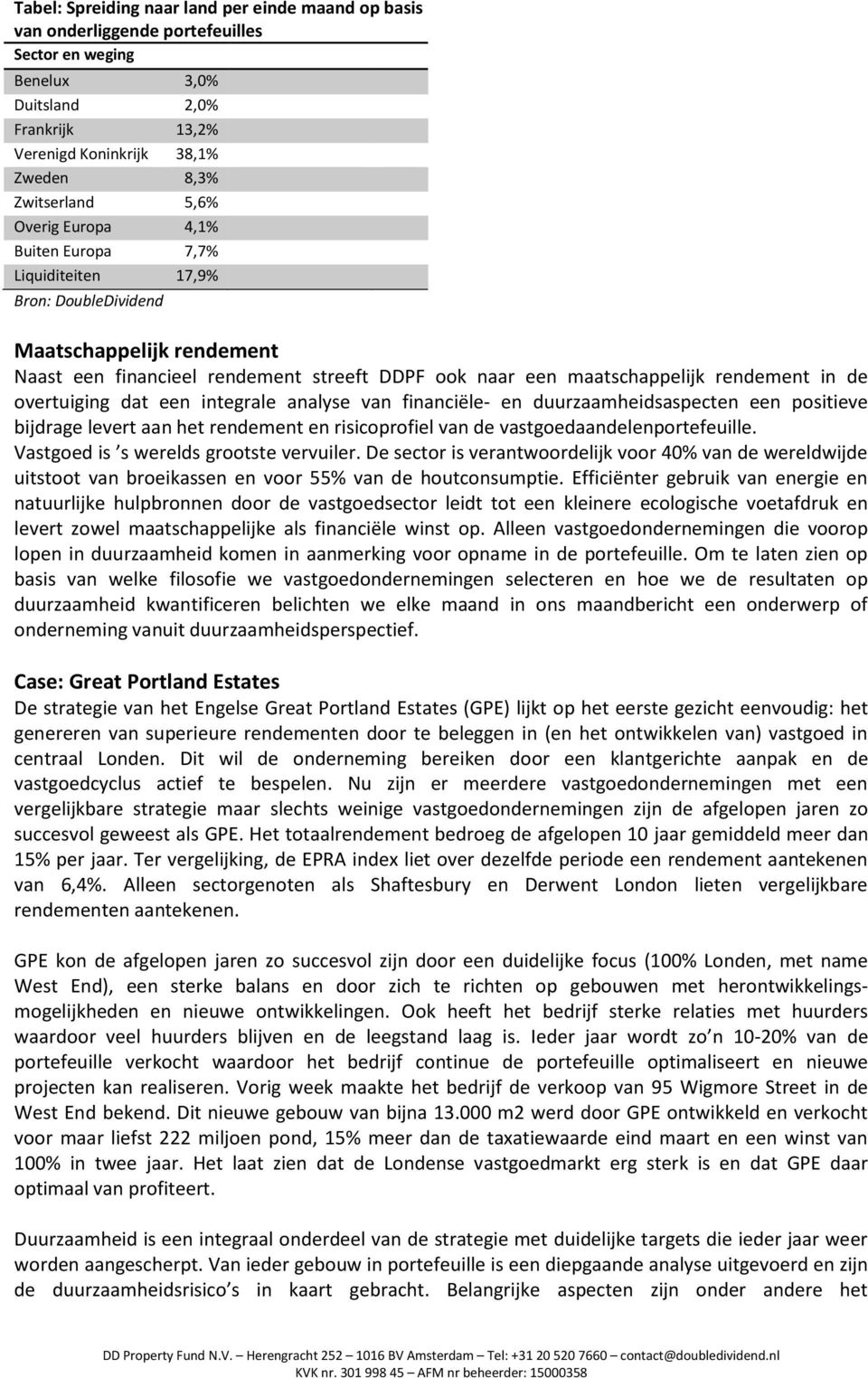 integrale analyse van financiële- en duurzaamheidsaspecten een positieve bijdrage levert aan het rendement en risicoprofiel van de vastgoedaandelenportefeuille.