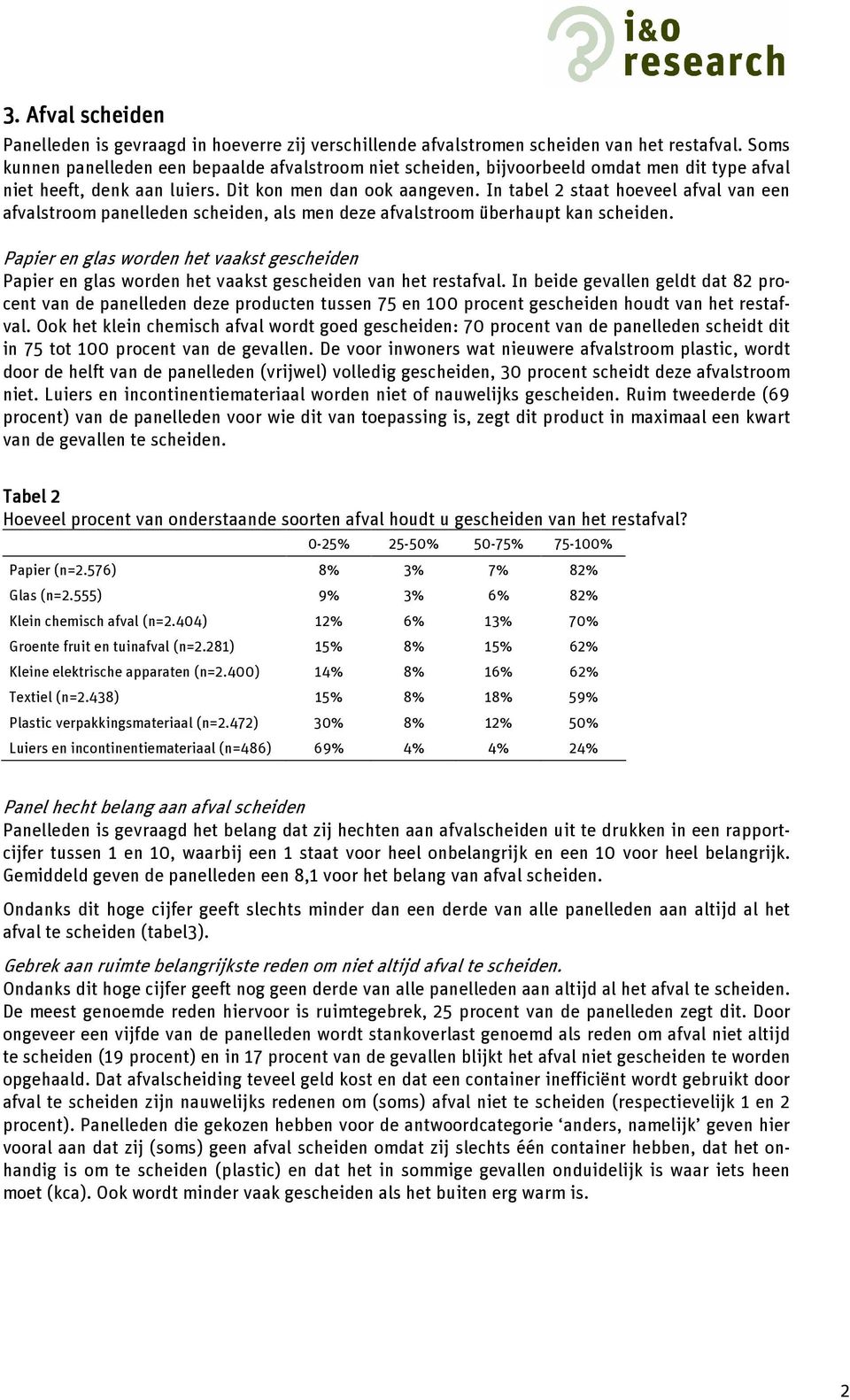 In tabel 2 staat hoeveel afval van een afvalstroom panelleden scheiden, als men deze afvalstroom überhaupt kan scheiden.