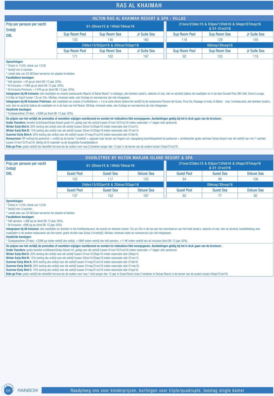 * Check-in 15:00, check-out 12:00. * Verblijf min.3 nachten. * Half pension: +40 pp pn (kind 06-12 jaar, 50%). * All Inclusive: +106 pp pn (kind 06-12 jaar, 50%).
