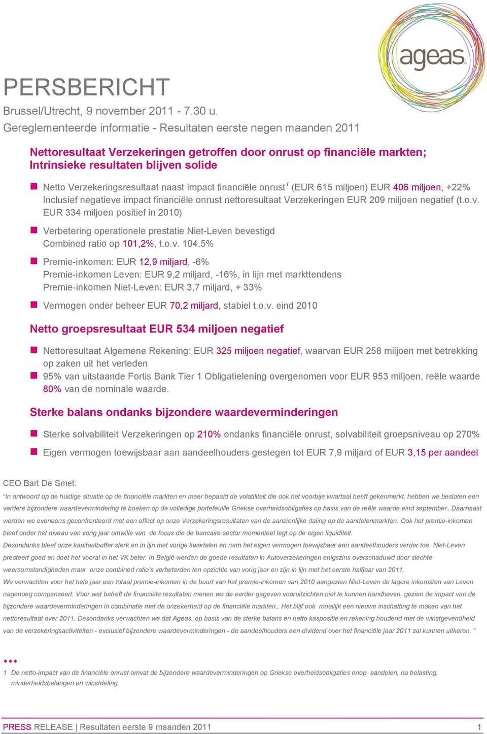 Verzekeringsresultaat naast impact financiële onrust 1 (EUR 615 miljoen) EUR 406 miljoen, +22% Inclusief negatieve