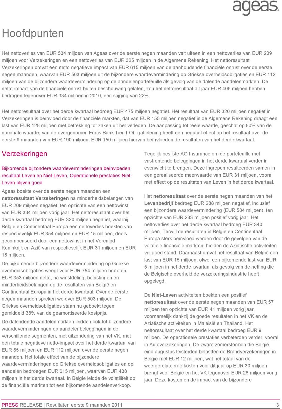 Het nettoresultaat Verzekeringen omvat een netto negatieve impact van EUR 615 miljoen van de aanhoudende financiële onrust over de eerste negen maanden, waarvan EUR 503 miljoen uit de bijzondere