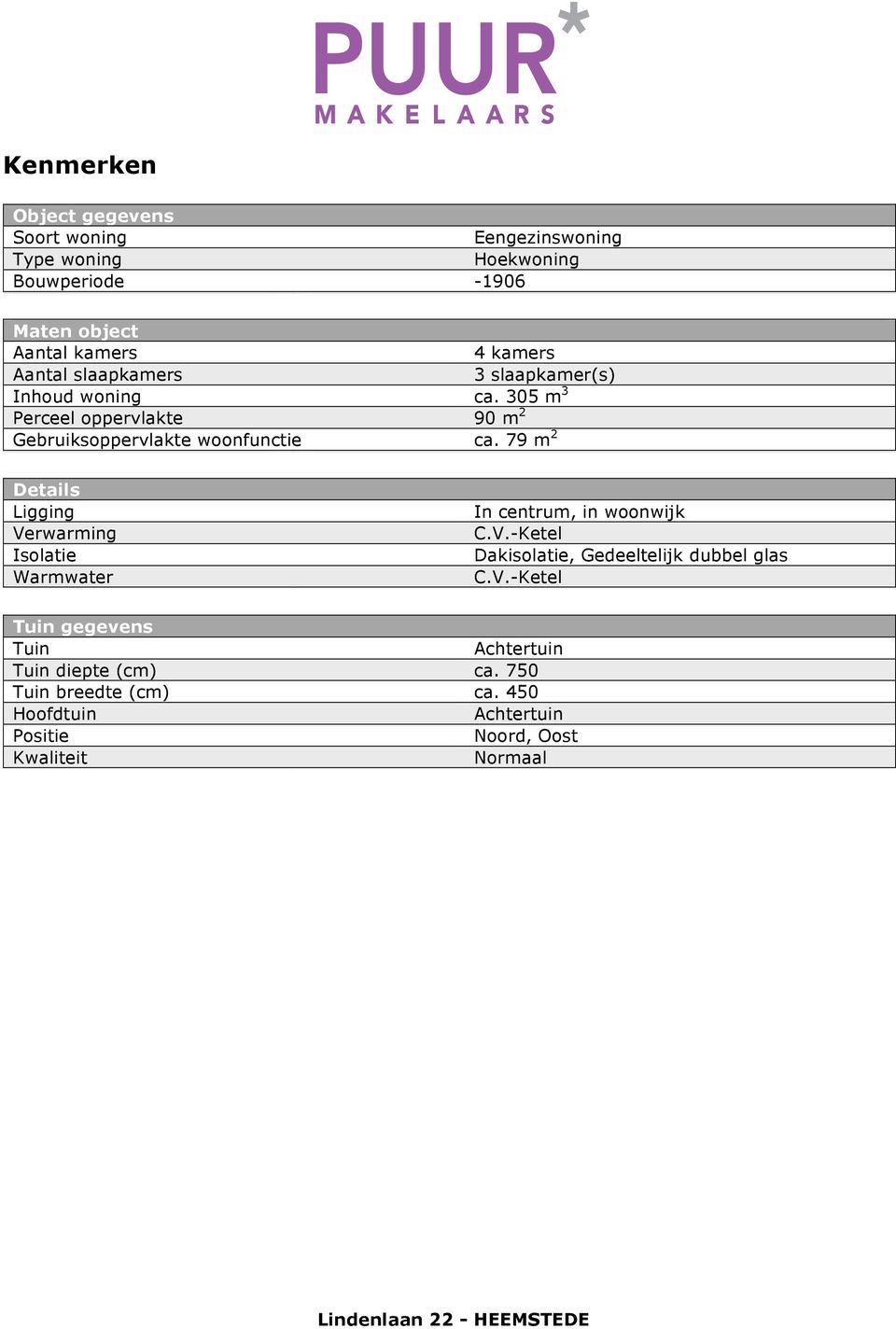 79 m 2 Details Ligging Verwarming Isolatie Warmwater In centrum, in woonwijk C.V.-Ketel Dakisolatie, Gedeeltelijk dubbel glas C.V.-Ketel Tuin gegevens Tuin Achtertuin Tuin diepte (cm) ca.