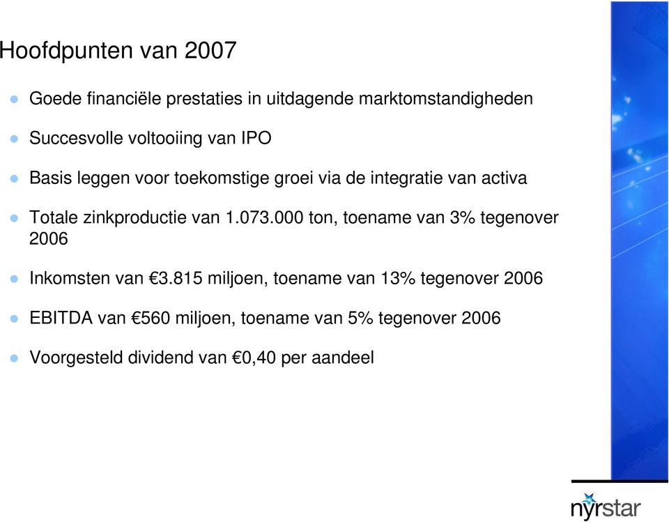 zinkproductie van 1.073.000 ton, toename van 3% tegenover 2006 Inkomsten van 3.