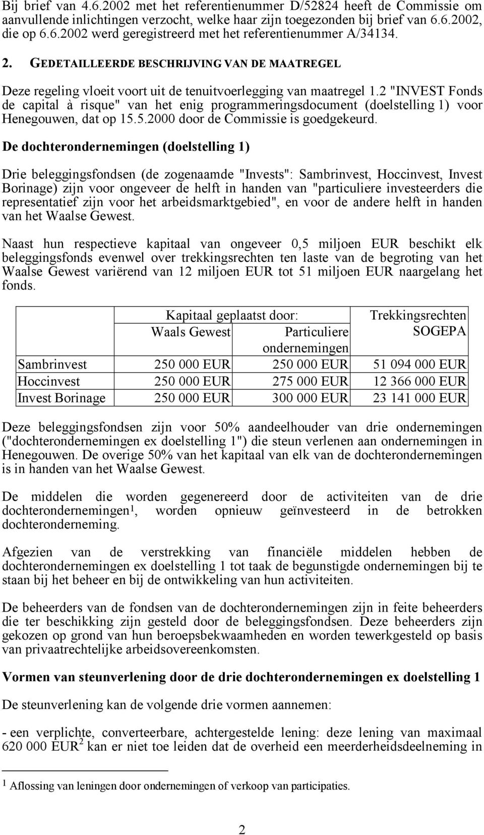 2 "INVEST Fonds de capital à risque" van het enig programmeringsdocument (doelstelling 1) voor Henegouwen, dat op 15.5.2000 door de Commissie is goedgekeurd.