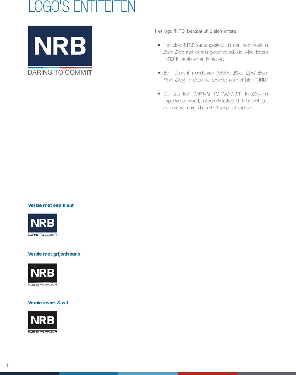 Een kleurenlijn onderaan (Middle Blue, Light Blue, Red, Grey) in dezelfde breedte als het blok 'NRB'.