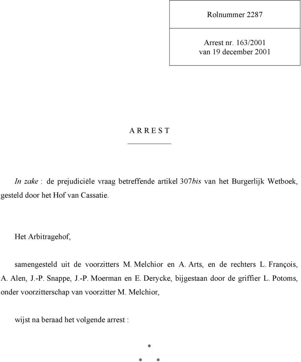 Burgerlijk Wetboek, gesteld door het Hof van Cassatie. Het Arbitragehof, samengesteld uit de voorzitters M.